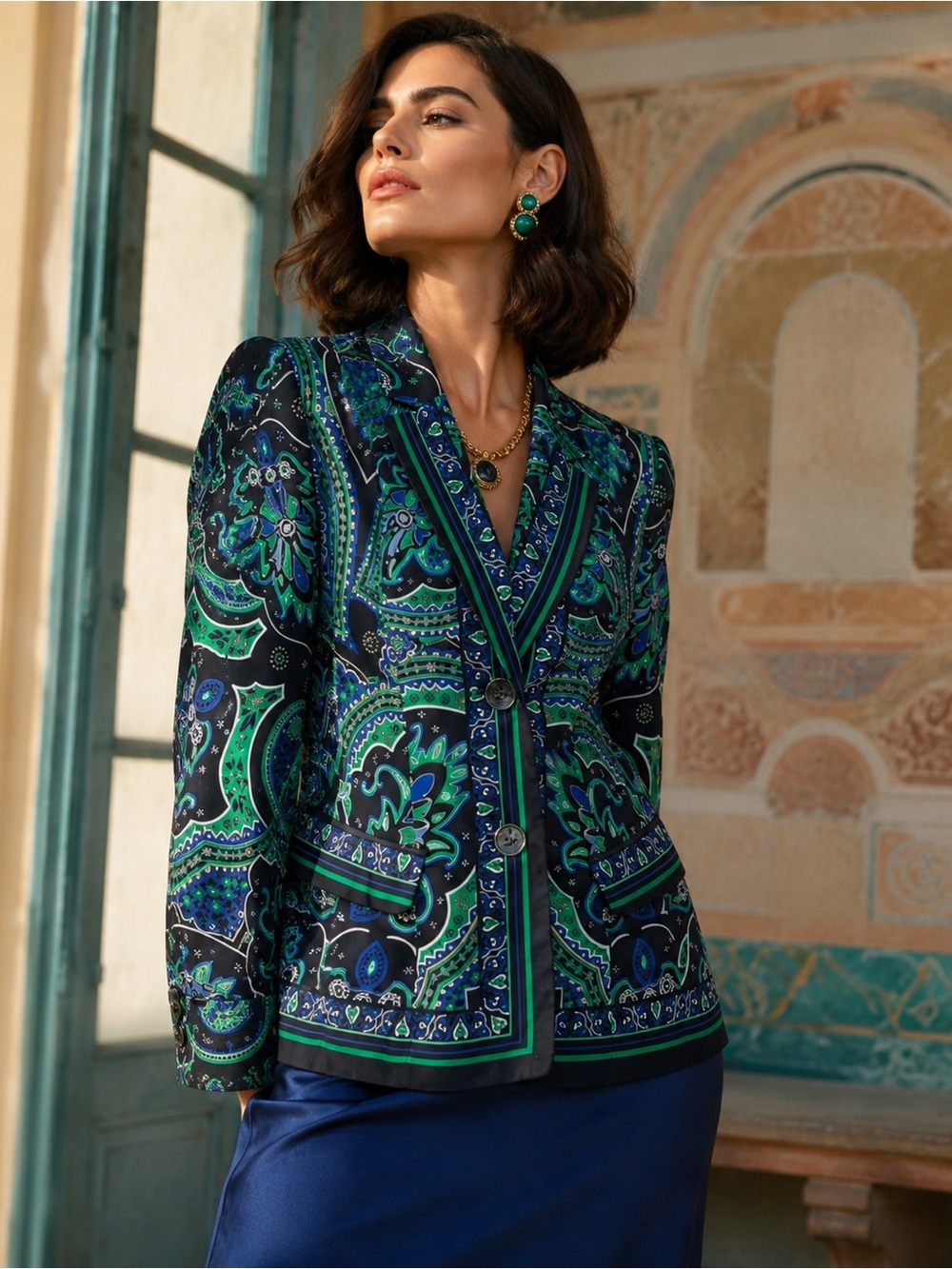 Blue Green Paisley Print Blazer Jacket 90s Art To Wear Maximalist L
